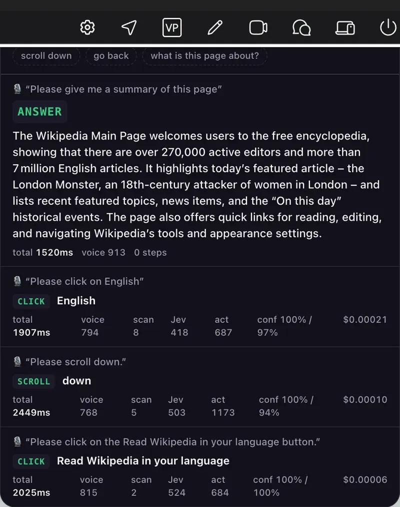 The Voice Pilot command bar over Wikipedia: a spoken request for a page summary answered in 1.5 seconds, then three voice commands - two clicks and a scroll - each broken down into voice, scan, Jev and act timings, with confidence and cost per command